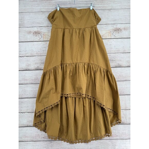 Maeve Anthropologie High Low Strapless Midi Dress Women's XL Gold BOHO NEW - Picture 1 of 13